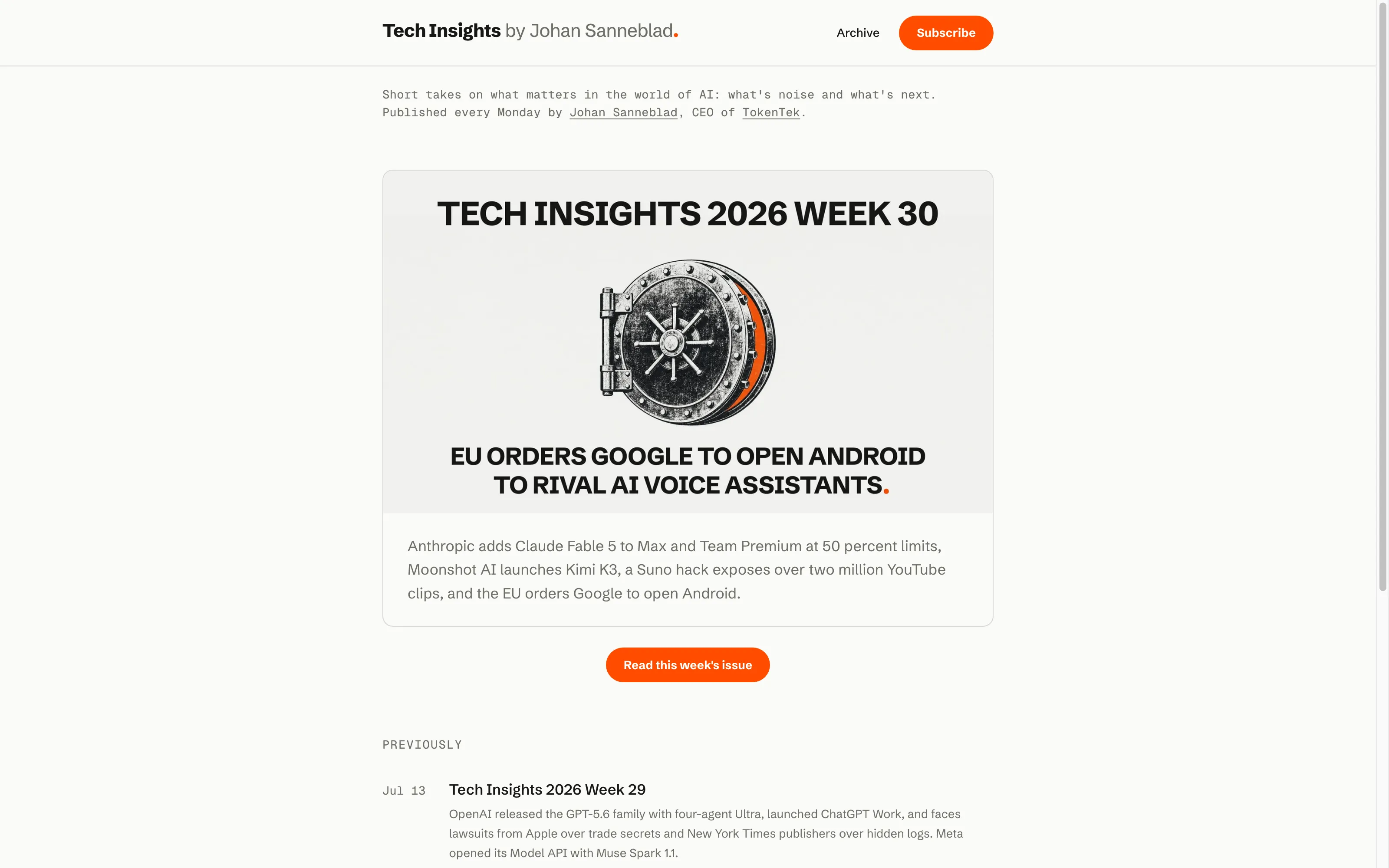 Förstasidan på techbyjohan.com med omslaget till Tech Insights 2026 vecka 30, det första numret den nya motorn skickade, en kassaskåpsdörr i riso-stil