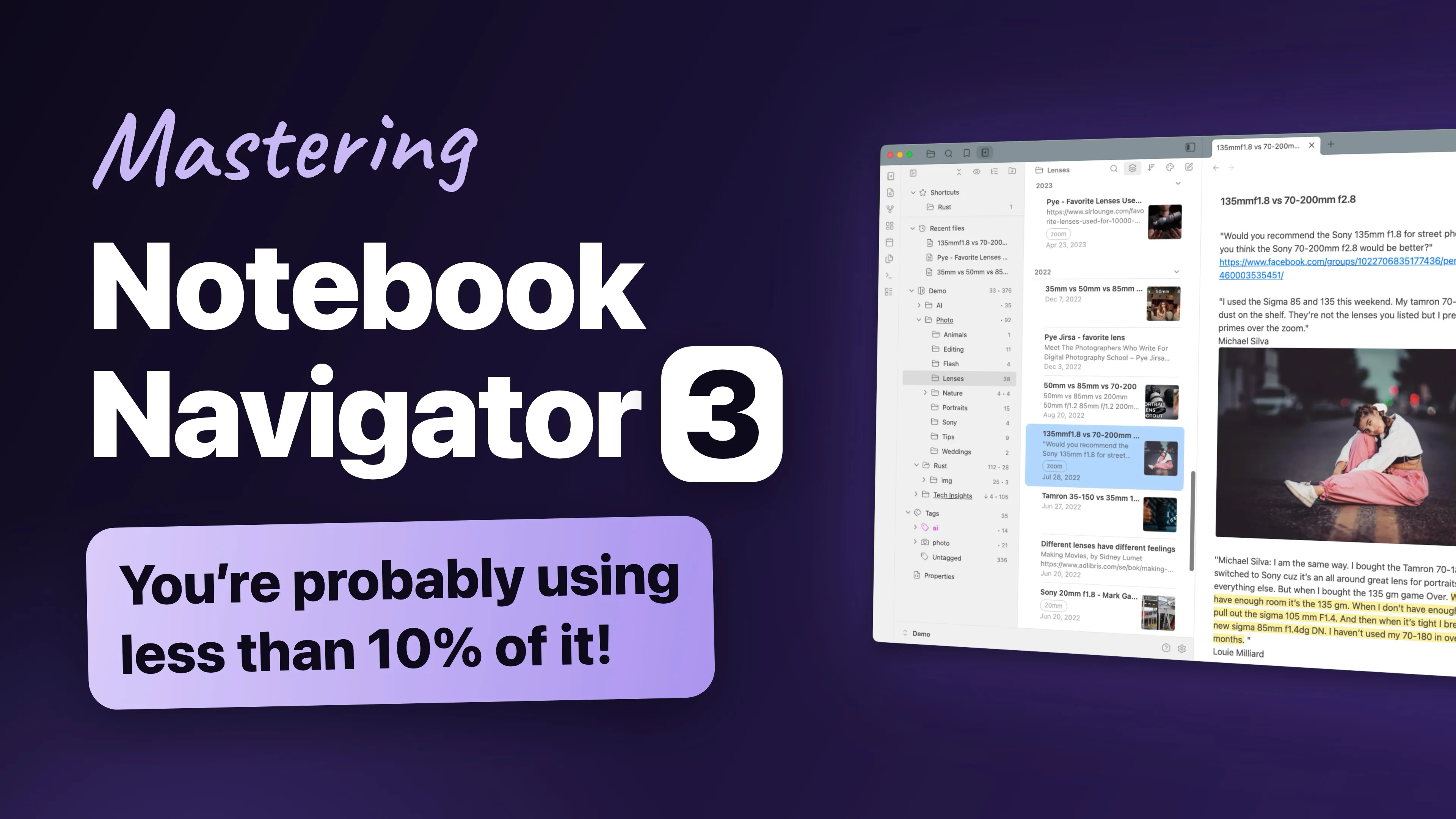 Omslagsbilden till filmen Mastering Notebook Navigator 3, med appfönstret och en handskriven titel