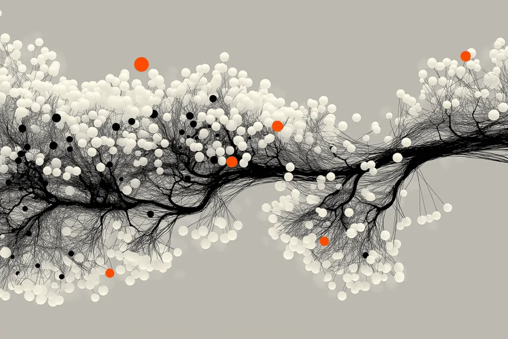 Abstract illustration of a branching neural network with white and orange nodes